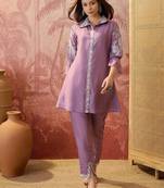 Women roman silk embroidery  purple kruta set