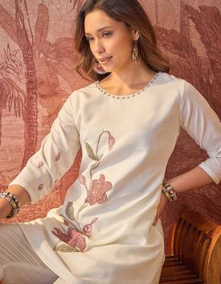 Women roman silk blend embroidery off white kruta set 3
