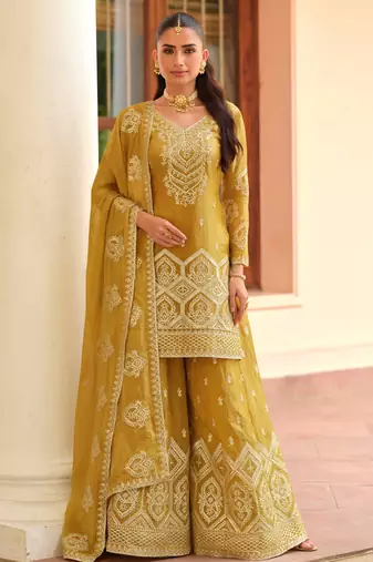 Mustard silk blend Salwar Kameez- Full stitched free size
