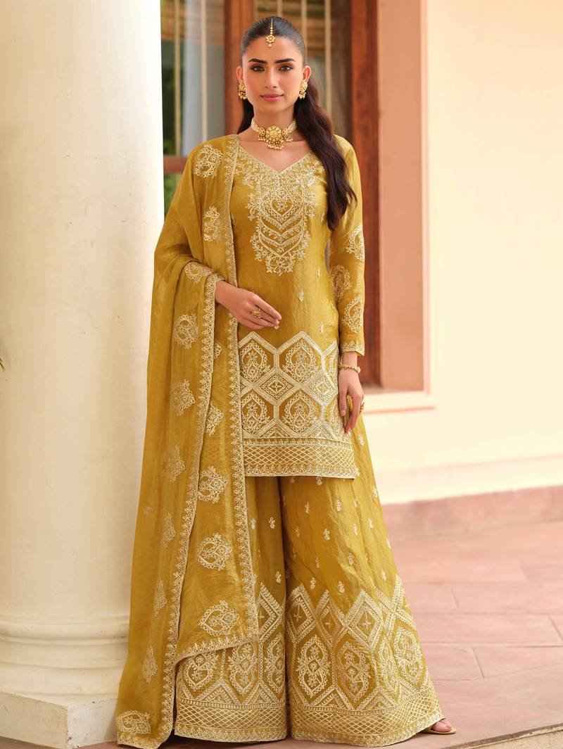 Mustard silk blend Salwar Kameez- Full stitched free size