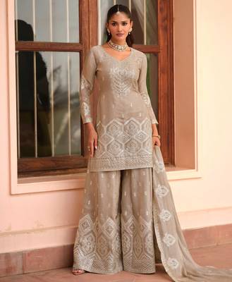 Beige silk blend Salwar Kameez- Full stitched free size 1