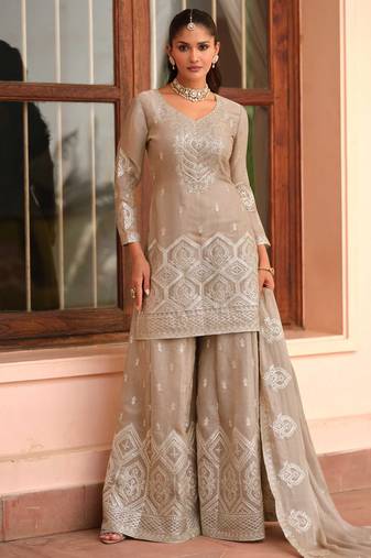Beige silk blend Salwar Kameez- Full stitched free size