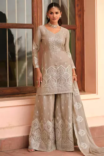 Beige silk blend Salwar Kameez- Full stitched free size