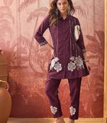 Women chinon embroidery  maroon kruta set
