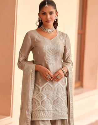 Beige silk blend Salwar Kameez- Full stitched free size 2