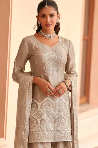 Beige silk blend Salwar Kameez- Full stitched free size