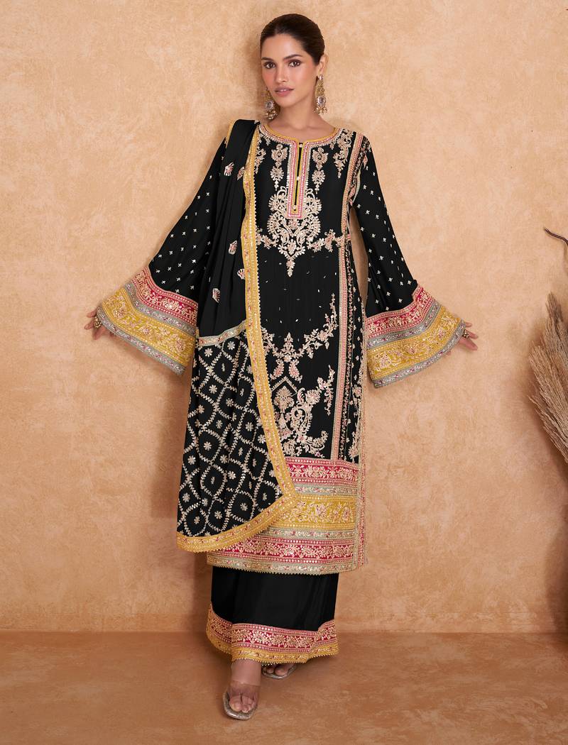 Black chiffon Salwar Kameez- Full stitched free size