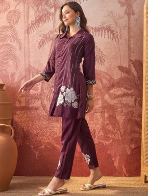 Women chinon embroidery maroon kruta set 3