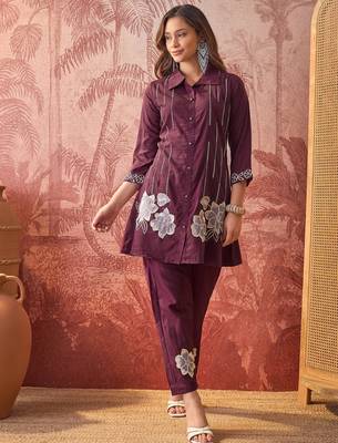 Women chinon embroidery maroon kruta set 4