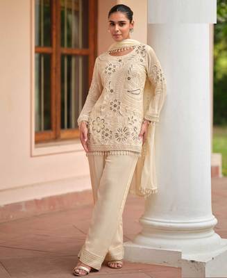 Beige georgette Salwar Kameez- Full stitched free size 1