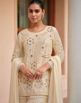 Beige georgette Salwar Kameez- Full stitched free size 2