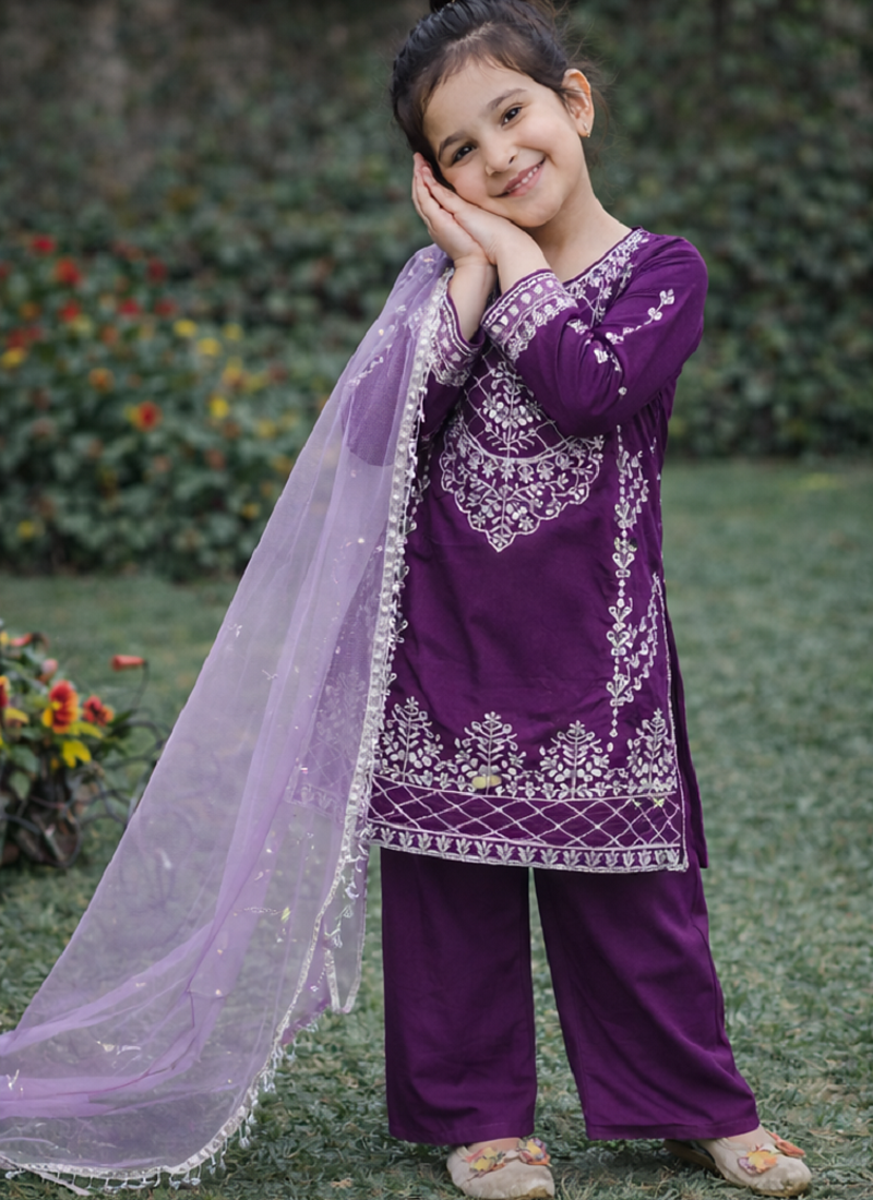 Natural Pure Heavy Creap Silk Embroidery Work Purple Readymade Salwar Suit