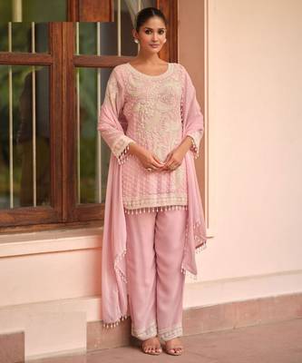 Baby pink georgette Salwar Kameez- Full stitched free size 1