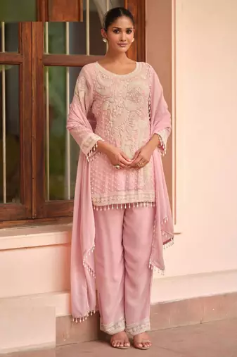 Baby pink georgette Salwar Kameez- Full stitched free size