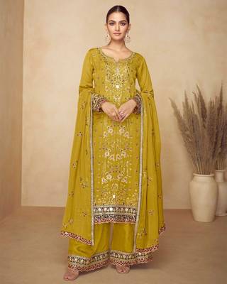 Mustard chiffon Salwar Kameez- Full stitched free size 1