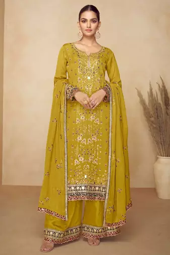Mustard chiffon Salwar Kameez- Full stitched free size