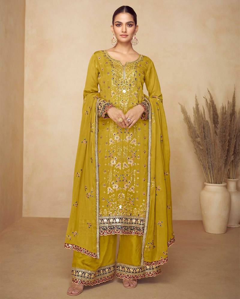 Mustard chiffon Salwar Kameez- Full stitched free size