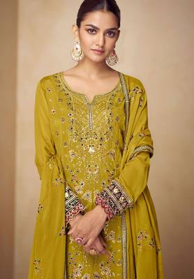 Mustard chiffon Salwar Kameez- Full stitched free size 2