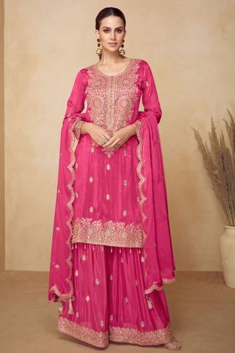 Rani pink chiffon Salwar Kameez- Full stitched free size