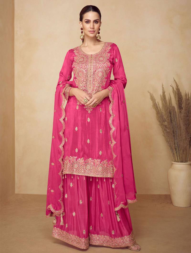 Rani pink chiffon Salwar Kameez- Full stitched free size