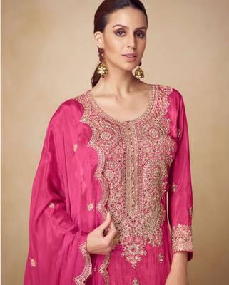 Rani pink chiffon Salwar Kameez- Full stitched free size 2