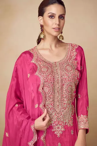 Rani pink chiffon Salwar Kameez- Full stitched free size