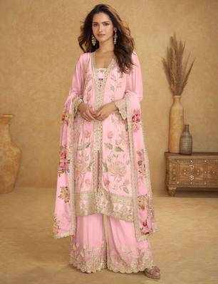 Baby pink chiffon Salwar Kameez- Full stitched free size 1