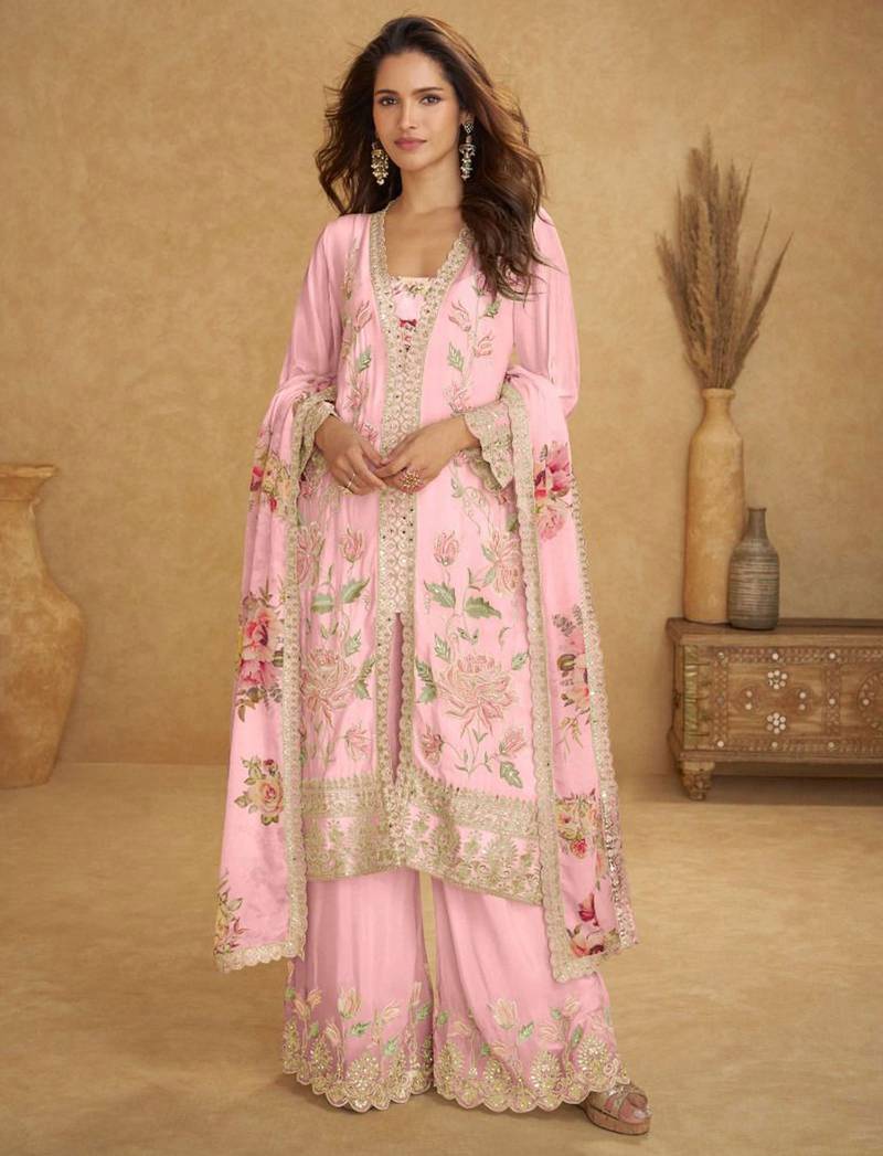 Baby pink chiffon Salwar Kameez- Full stitched free size