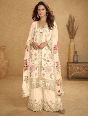 Off white chiffon Salwar Kameez- Full stitched free size 1