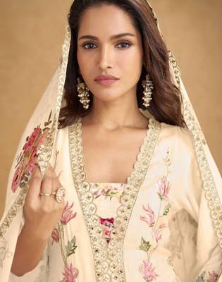 Off white chiffon Salwar Kameez- Full stitched free size 2