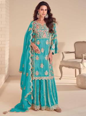 Aqua blue shimmer Salwar Kameez- Full stitched free size 1