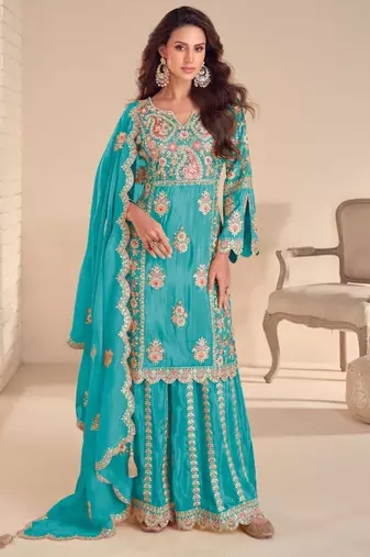 Aqua blue shimmer Salwar Kameez- Full stitched free size