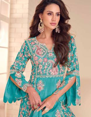 Aqua blue shimmer Salwar Kameez- Full stitched free size 2