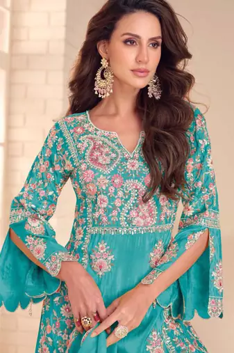 Aqua blue shimmer Salwar Kameez- Full stitched free size
