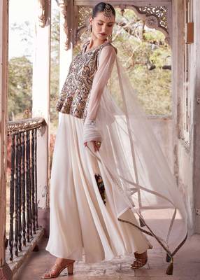 Off white satin Salwar Kameez- Full stitched free size 2