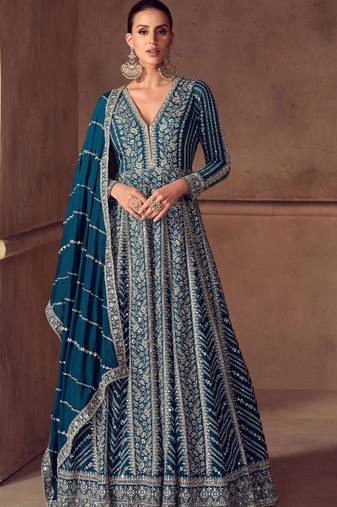 Teal blue chiffon Salwar Kameez- Full stitched free size