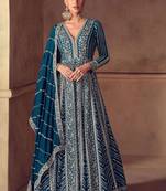 Teal blue chiffon Salwar Kameez- Full stitched free size