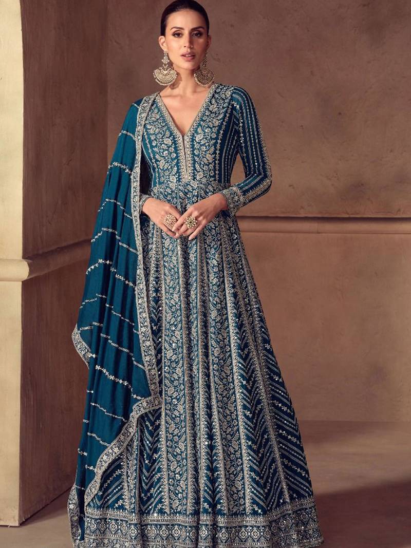 Teal blue chiffon Salwar Kameez- Full stitched free size