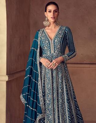 Teal blue chiffon Salwar Kameez- Full stitched free size 2