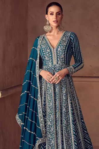 Teal blue chiffon Salwar Kameez- Full stitched free size