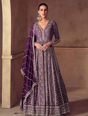 Purple chiffon Salwar Kameez- Full stitched free size 1