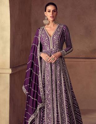 Purple chiffon Salwar Kameez- Full stitched free size 2