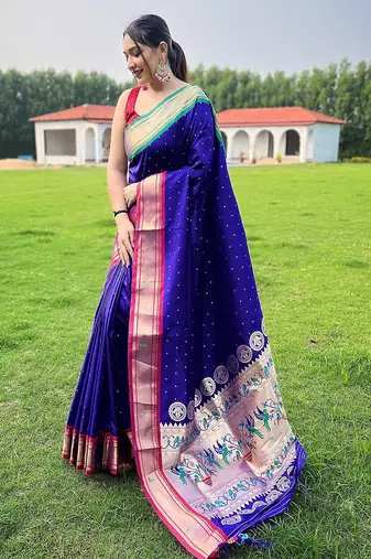 blue plain silk blend paithani-saree saree with blouse