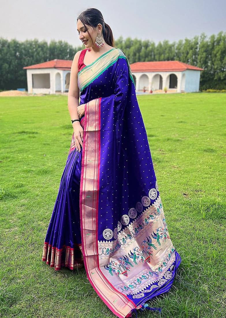 blue plain silk blend paithani-saree saree with blouse