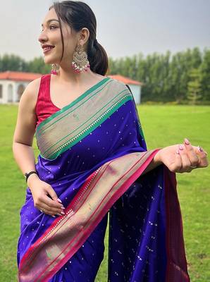 blue plain silk blend paithani-saree saree with blouse 2