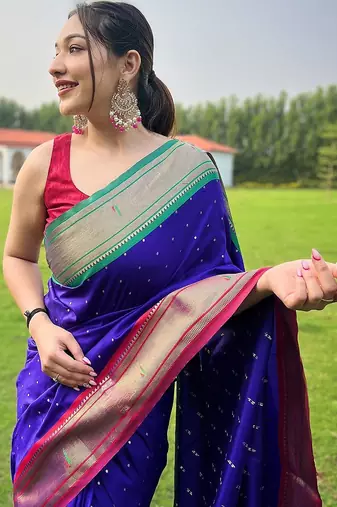 blue plain silk blend paithani-saree saree with blouse