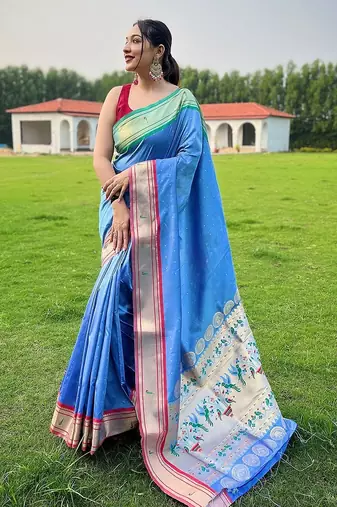 blue plain silk blend paithani-saree saree with blouse