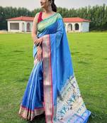 blue plain silk blend paithani-saree saree with blouse