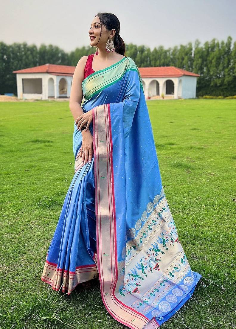 blue plain silk blend paithani-saree saree with blouse
