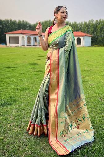 green plain silk blend paithani-saree saree with blouse